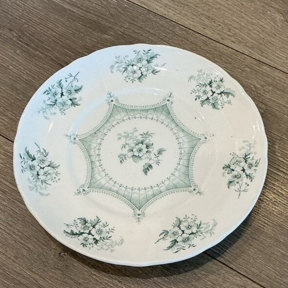 Antique Scalloped Edge Ceramic Plate 7.25 in Green White Floral Cottagecore